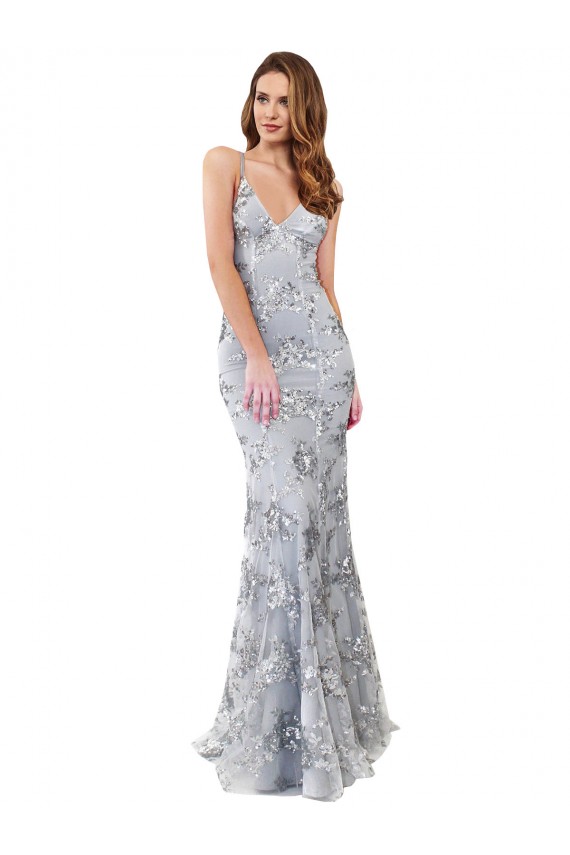 Comprare Argento Stile sirena Alto Collo Crespo Elastico Paillettes Tulle Lunga Formali Abiti da damigella donore / Abiti da sera / Abiti da ballo