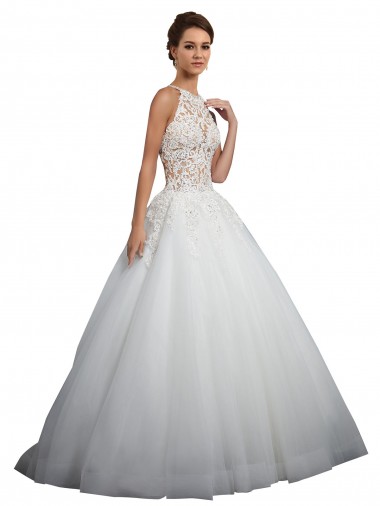 Comprare Avorio Abito da ballo Alto Collo Tulle Pizzo Abiti da sposa