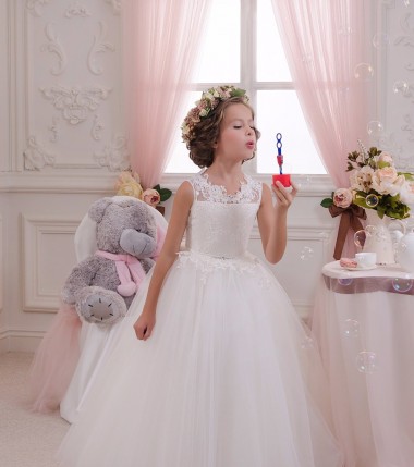 Comprare Avorio Abito da ballo Alto Collo Tulle Pizzo Lunga Abiti da ragazza di fiori
