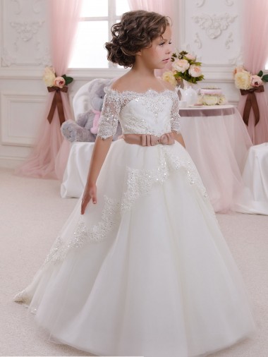 Comprare Avorio Abito da ballo Alto Collo Tulle Pizzo Lunga Abiti da ragazza di fiori