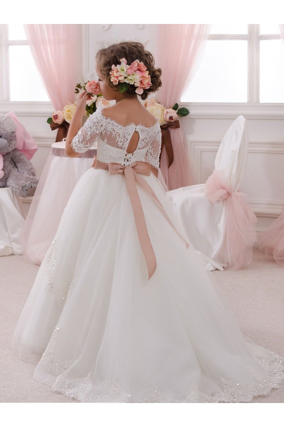 Comprare Avorio Abito da ballo Alto Collo Tulle Pizzo Lunga Abiti da ragazza di fiori