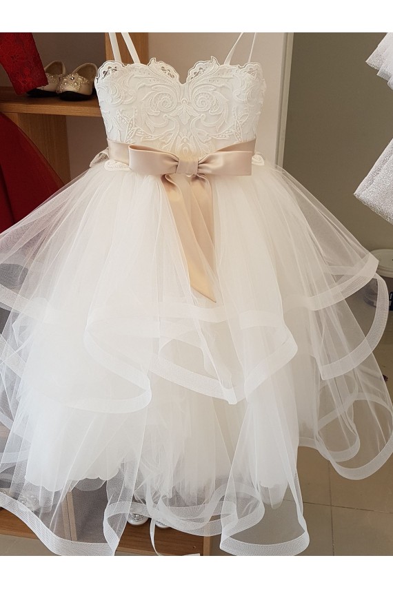 Comprare Avorio Abito da ballo Alto Collo Tulle Pizzo Lunga Abiti da ragazza di fiori