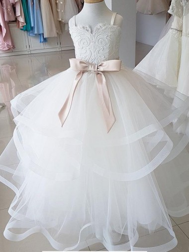 Comprare Avorio Abito da ballo Alto Collo Tulle Pizzo Lunga Abiti da ragazza di fiori
