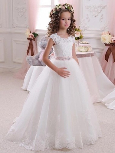 Comprare Avorio Abito da ballo Alto Collo Tulle Pizzo Lunga Abiti da ragazza di fiori