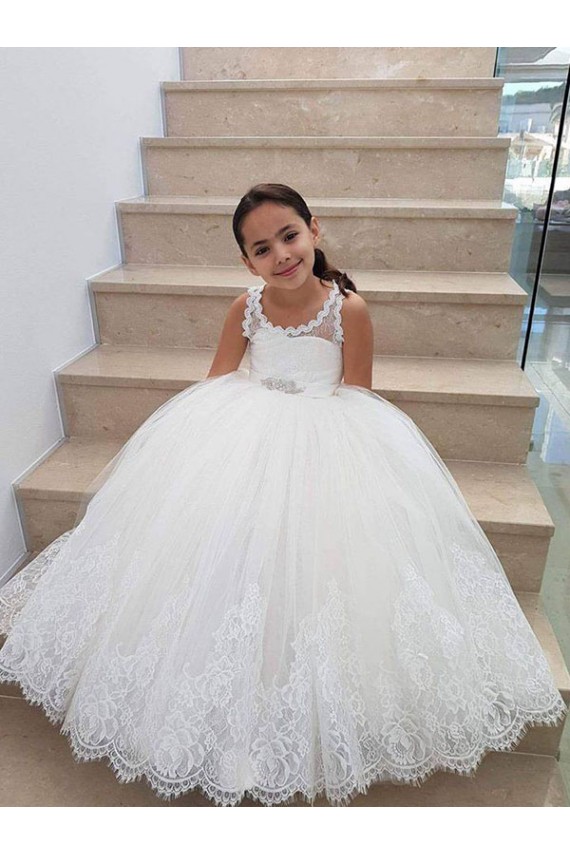 Comprare Avorio Abito da ballo Alto Collo Tulle Pizzo Lunga Abiti da ragazza di fiori