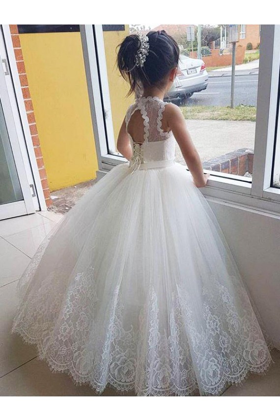 Comprare Avorio Abito da ballo Alto Collo Tulle Pizzo Lunga Abiti da ragazza di fiori