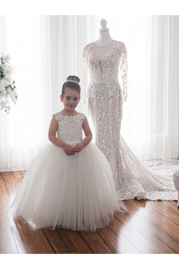 Comprare Avorio Abito da ballo Barca Tulle Pizzo Lunga Abiti da ragazza di fiori