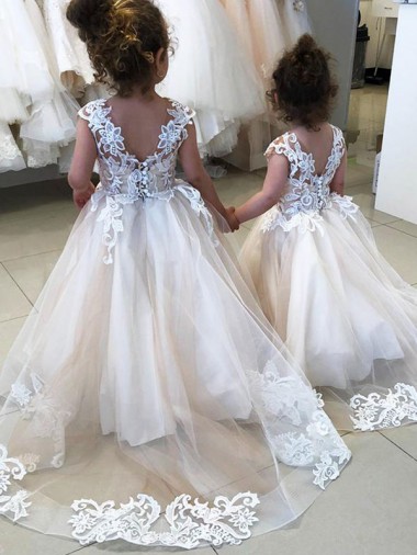Comprare Avorio Abito da ballo Barca Tulle Pizzo Lunga Abiti da ragazza di fiori