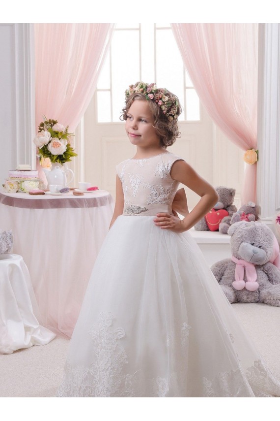 Comprare Avorio Abito da ballo Barca Tulle Pizzo Lunga Abiti da ragazza di fiori