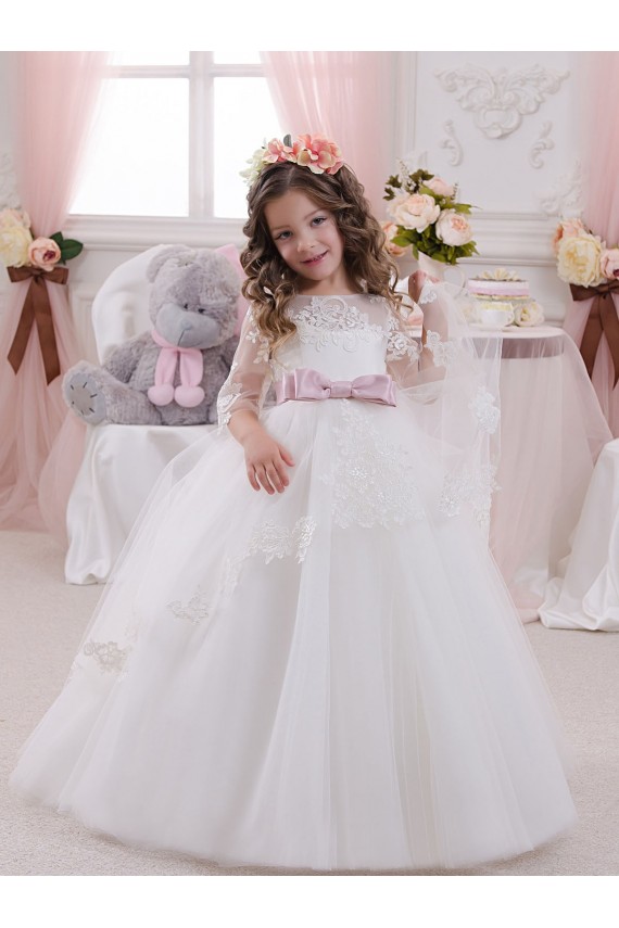Comprare Avorio Abito da ballo Barca Tulle Pizzo Lunga Abiti da ragazza di fiori