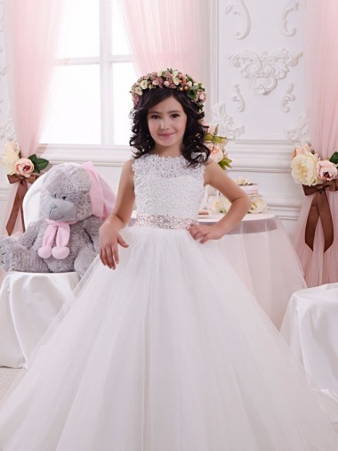 Comprare Avorio Abito da ballo Barca Tulle Pizzo Lunga Abiti da ragazza di fiori
