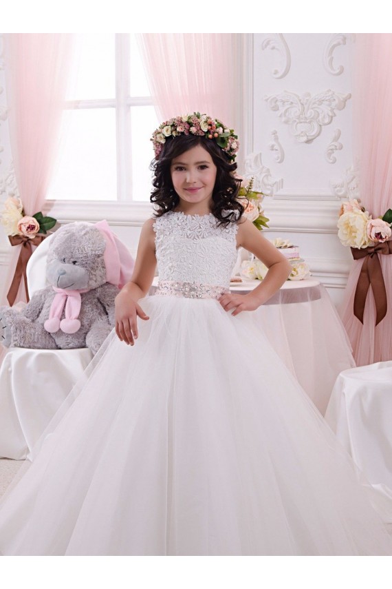 Comprare Avorio Abito da ballo Barca Tulle Pizzo Lunga Abiti da ragazza di fiori