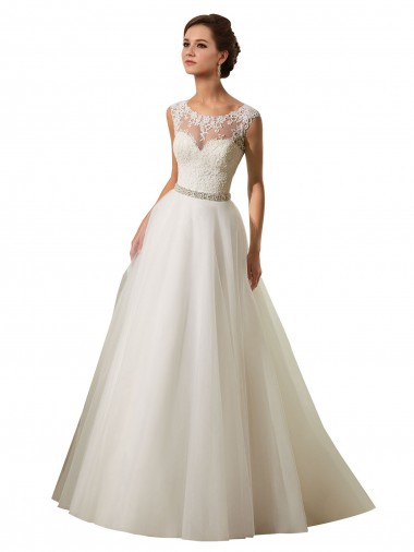 Comprare Avorio Abito da ballo Illusione Tulle Pizzo Abiti da sposa