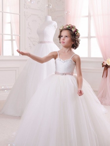 Comprare Avorio Abito da ballo Innamorato Tulle Lunga Abiti da ragazza di fiori