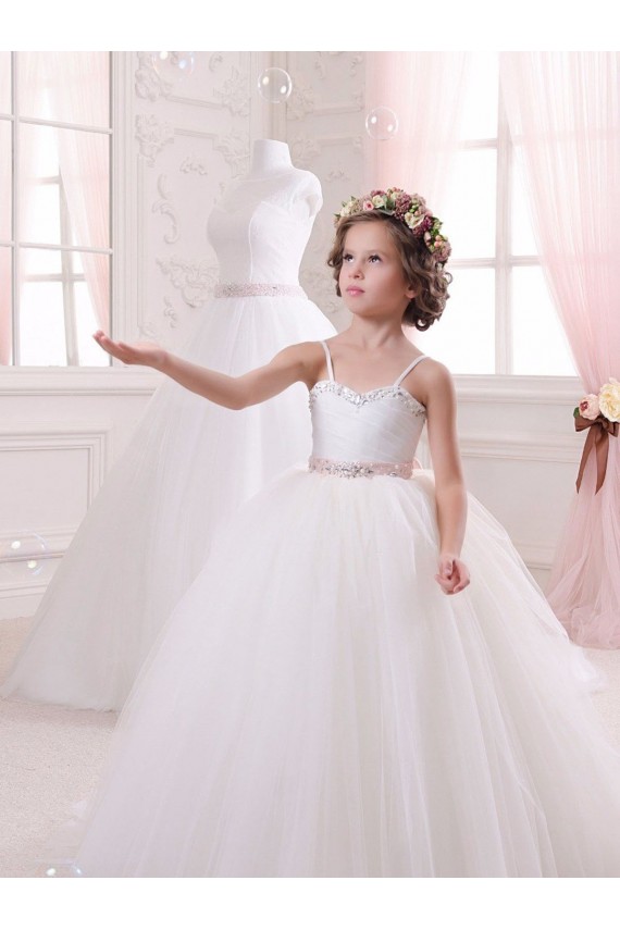 Comprare Avorio Abito da ballo Innamorato Tulle Lunga Abiti da ragazza di fiori