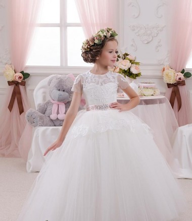 Comprare Avorio Abito da ballo Innamorato Tulle Pizzo Lunga Abiti da ragazza di fiori