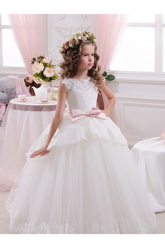 Comprare Avorio Abito da ballo Innamorato Tulle Pizzo Lunga Abiti da ragazza di fiori