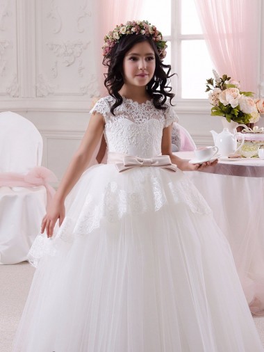 Comprare Avorio Abito da ballo Innamorato Tulle Pizzo Lunga Abiti da ragazza di fiori