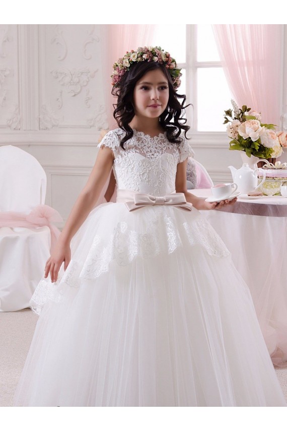 Comprare Avorio Abito da ballo Innamorato Tulle Pizzo Lunga Abiti da ragazza di fiori