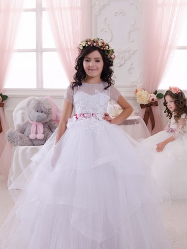 Comprare Avorio Abito da ballo Innamorato Tulle Pizzo Lunga Abiti da ragazza di fiori