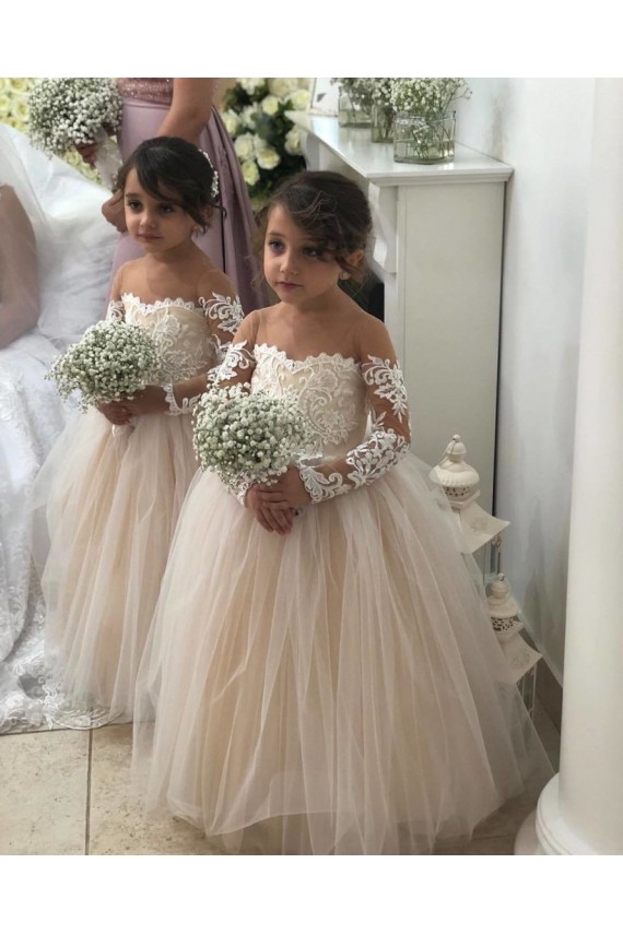 Comprare Avorio Abito da ballo Innamorato Tulle Pizzo Lunga Abiti da ragazza di fiori