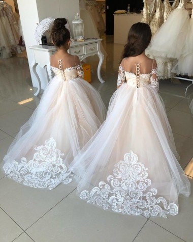 Comprare Avorio Abito da ballo Innamorato Tulle Pizzo Lunga Abiti da ragazza di fiori