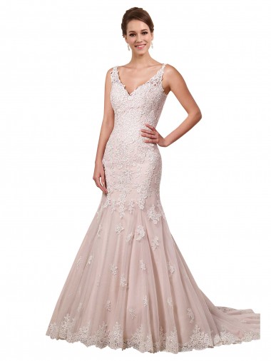 Comprare Avorio & Blush Stile sirena Scollatura a V Tulle Pizzo Abiti da sposa