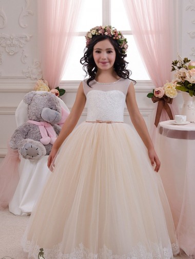 Comprare Avorio & Champagne Abito da ballo Innamorato Tulle Pizzo Lunga Abiti da ragazza di fiori