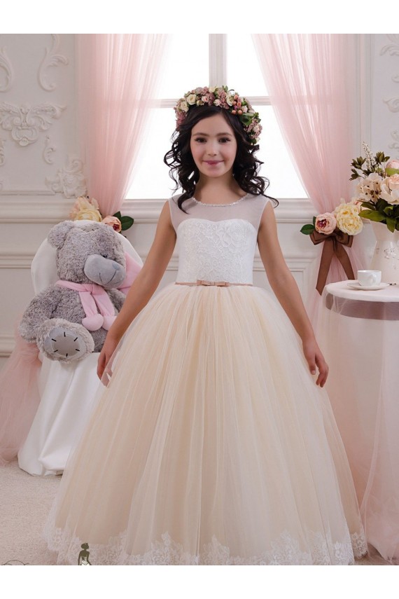 Comprare Avorio & Champagne Abito da ballo Innamorato Tulle Pizzo Lunga Abiti da ragazza di fiori