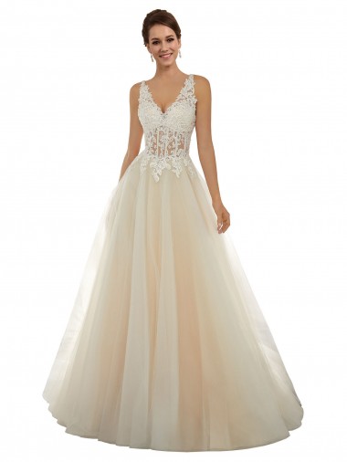 Comprare Avorio & Champagne Linea A Scollatura a V Tulle Pizzo Classico Abiti da sposa