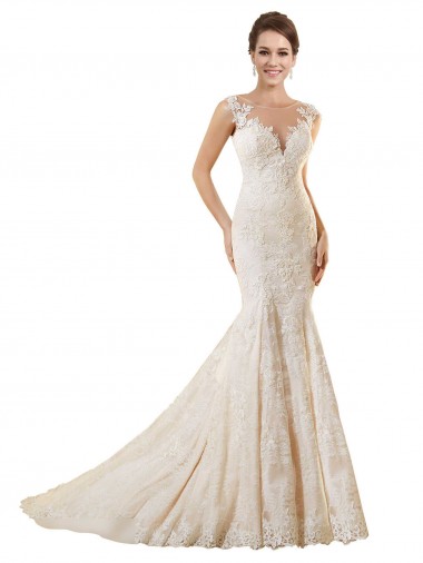 Comprare Avorio & Champagne Stile sirena Illusione Pizzo Abiti da sposa