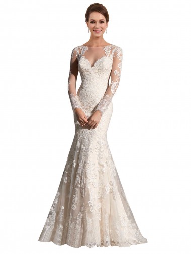 Comprare Avorio & Champagne Stile sirena Illusione Tulle Pizzo Abiti da sposa