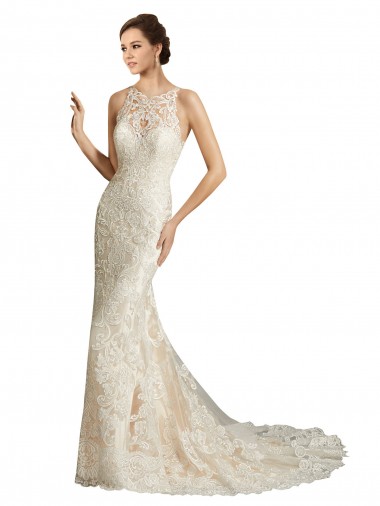 Comprare Avorio & Champagne Stile sirena Illusione Tulle Pizzo Classico Abiti da sposa