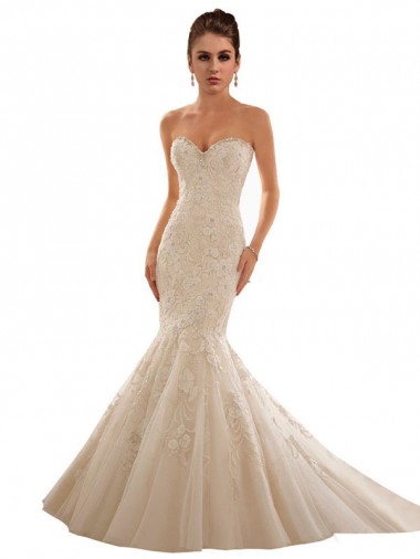 Comprare Avorio & Champagne Stile sirena Innamorato Tulle Pizzo Abiti da sposa