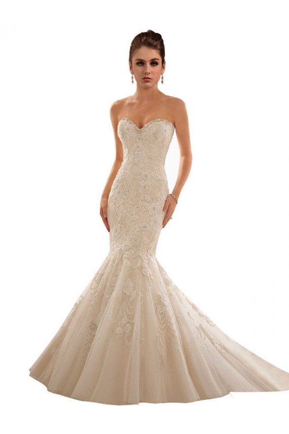 Comprare Avorio & Champagne Stile sirena Innamorato Tulle Pizzo Abiti da sposa