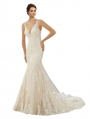 Comprare Avorio & Champagne Stile sirena Scollatura a V Pizzo Abiti da sposa