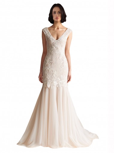 Comprare Avorio & Champagne Stile sirena Scollatura a V Sweep treno Tulle Abiti da sposa