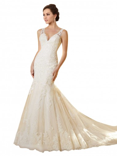 Comprare Avorio & Champagne Stile sirena Scollatura a V Tulle Pizzo Abiti da sposa