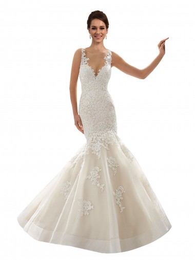 Comprare Avorio & Champagne Stile sirena Scollatura a V Tulle Pizzo Classico Abiti da sposa