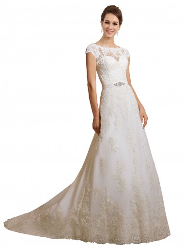 Comprare Avorio Linea A Illusione Tulle Pizzo Classico Abiti da sposa