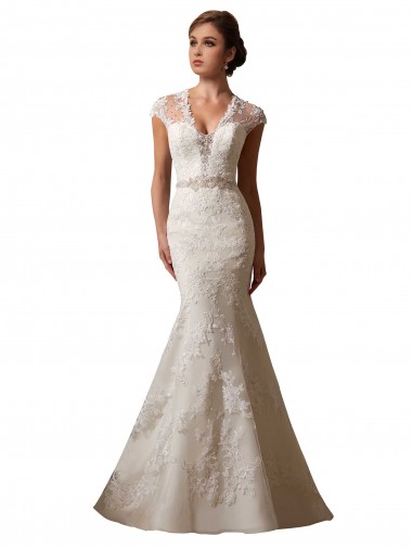 Comprare Avorio Stile sirena Illusione Scollatura a V Tulle Pizzo Abiti da sposa