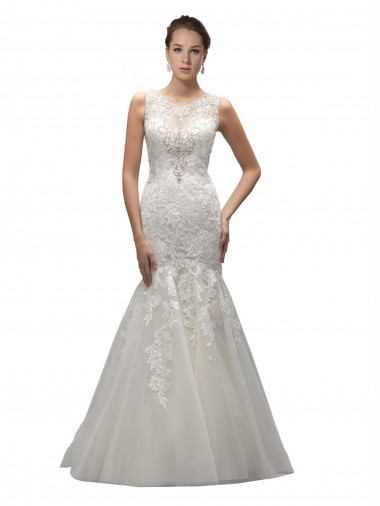 Comprare Avorio Stile sirena Illusione Sweep treno Tulle Pizzo Abiti da sposa