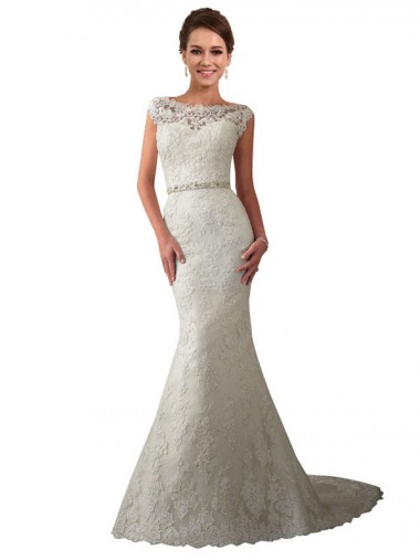 Comprare Avorio Stile sirena Illusione Tulle Pizzo Abiti da sposa