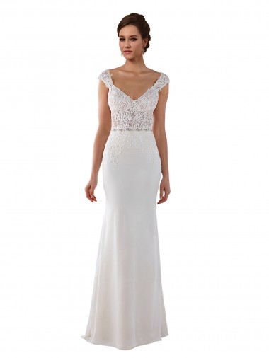 Comprare Avorio Tubino Scollatura a V Pizzo Crespo Elastico Abiti da sposa
