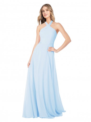 Comprare Azzurro cielo Linea A Capestro Alto Collo Chiffona Lunga Abiti da damigella donore