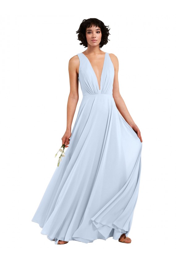 Comprare Azzurro cielo Linea A Scollatura a V Chiffona Lunga Abiti da damigella donore