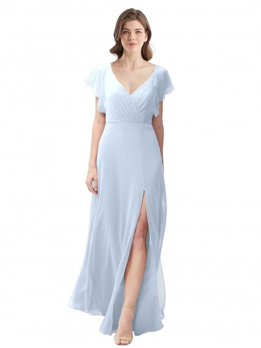 Comprare Azzurro cielo Linea A Scollatura a V Chiffona Lunga Abiti da damigella donore