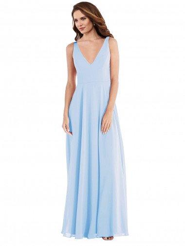 Comprare Azzurro cielo Linea A Scollatura a V Chiffona Lunga Abiti da damigella donore