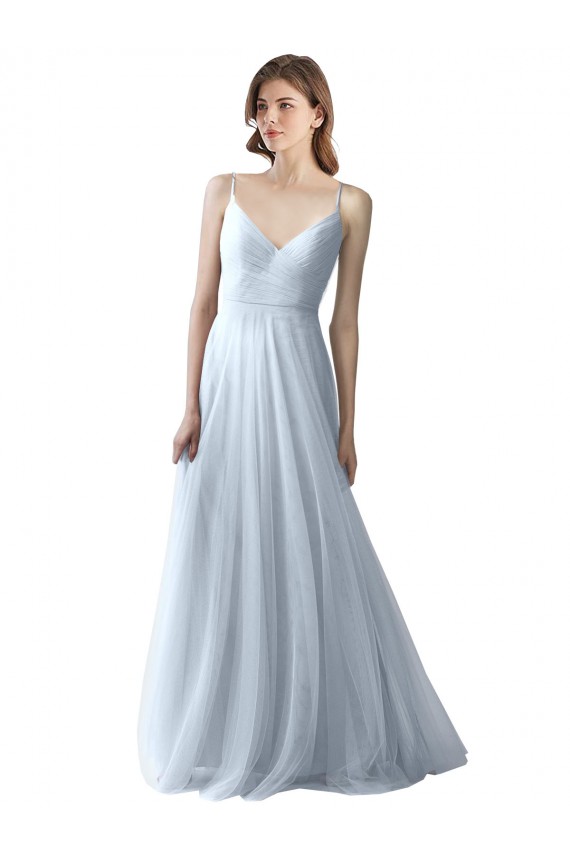 Comprare Azzurro cielo Linea A Sottili Scollatura a V Tulle Lunga Abiti da damigella donore