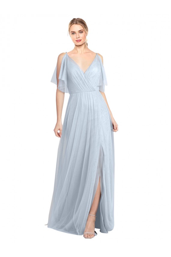 Comprare Azzurro cielo Linea A Sottili Scollatura a V Tulle Lunga Abiti da damigella donore